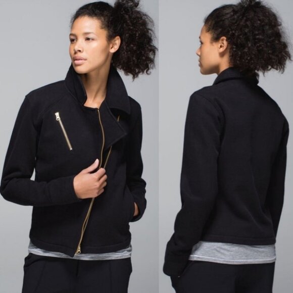 Lululemon Lab Black Moto Jacket Shadow‎ Size 4 Rare Cotton Fleece Biker Gold Zip - Picture 1 of 14